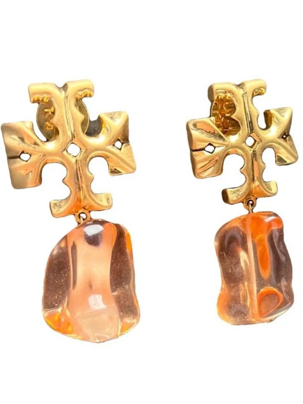 Tory Burch ROXANNE gold logo + orange ice cube drop & dangle statement earrings